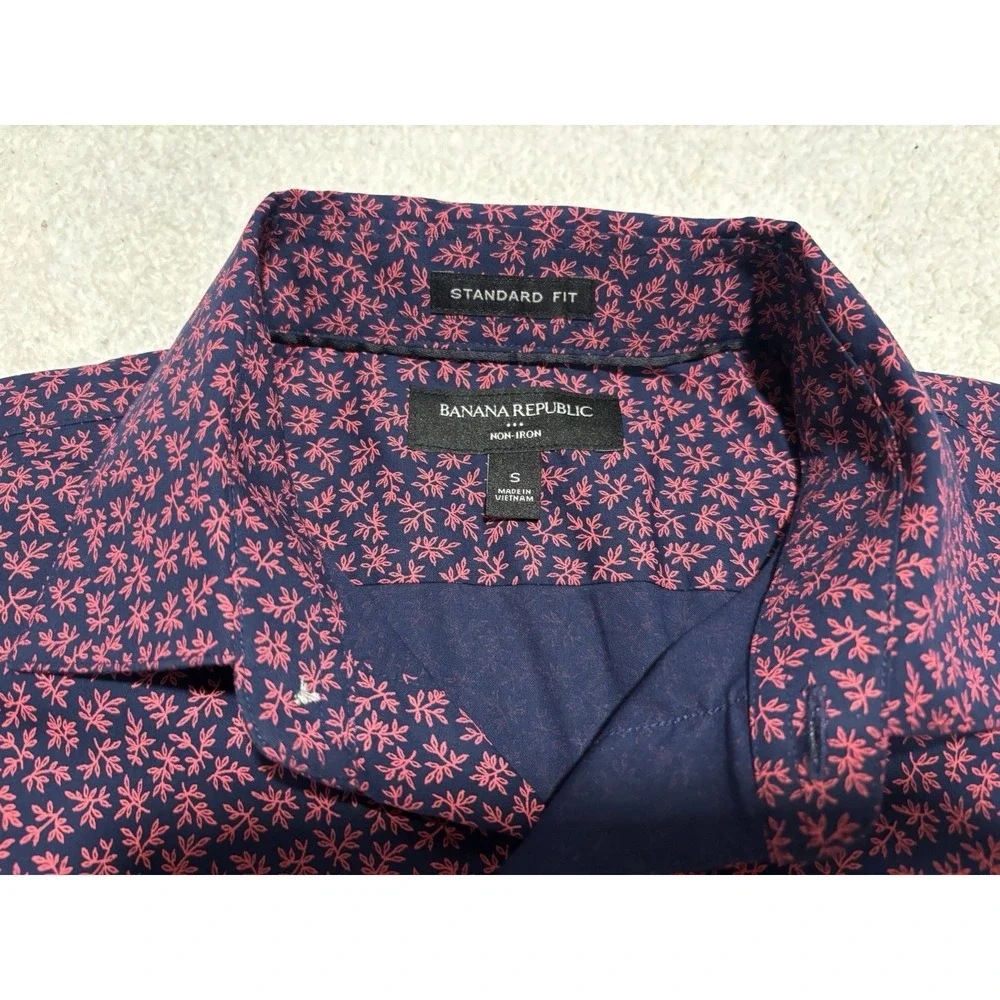 Banana Republic Navy‎ Red Floral Print Standard Fit Non Iron Button Shirt Mens L